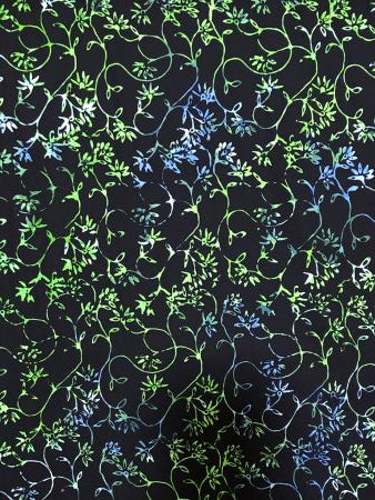 Black Batik With Green and Blue Flowers & Vines Batik Textiles