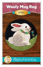 Load image into Gallery viewer, Wool applique mug rug pattern with bunny and flower in hand dyed wools.

