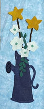 Load image into Gallery viewer, Wool applique kit of a vintage watering can with petunias and gold stars.
