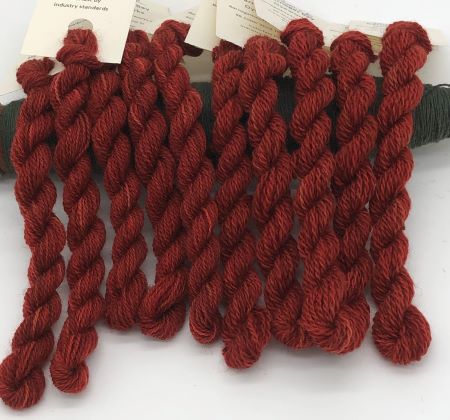 Hand dyed wool threads in two sizes, #15 and #8 in a deep, dark red.  Perfect for wool applique and crewel work .