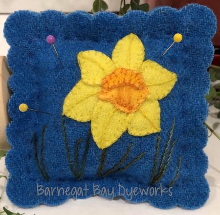 Die Cut from hand dyed wool daffodil pincushion kit for wool applique.