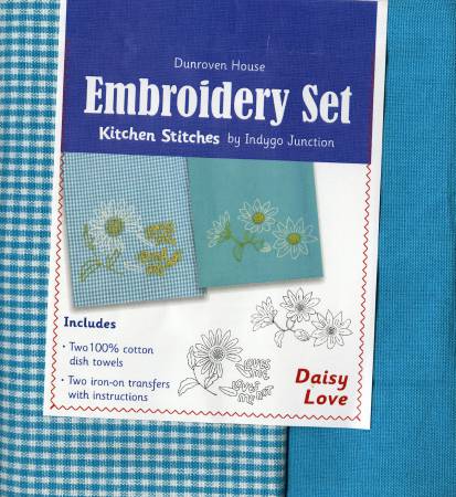 Dish towel embroidery set with two towels and two daisy embroider transfers.