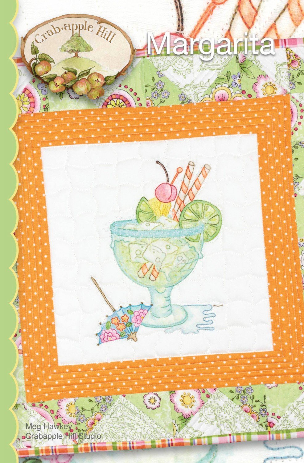 Pattern cover for hand embroidered margarita drink in a blue glass with straws, fruit on a stitch, a slice of lime and a paper drink umbrella at the base of the glass.
