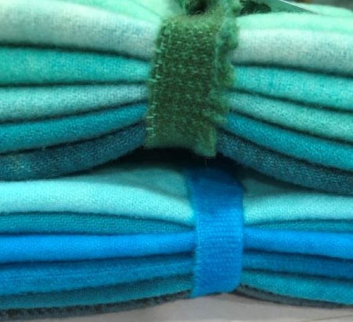Hand Dyed Teal Bundles  in Teals-Greens on top and the Teals Blues on the bottom.  