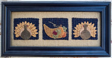 Load image into Gallery viewer, Twp turkeys and a cornucopia decorate this Fall themed wool applique design by Bits and Pieces by Joan.
