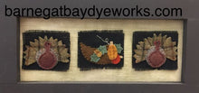 Load image into Gallery viewer, Framed wool applique on black linen squares of two turkeys with a cornucopia in the middle all on monk&#39;s cloth.
