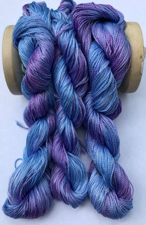 Hand dyed floss, #12 and #8 pearl cotton threads in gorgeous blues and purples of hydrangeas.
