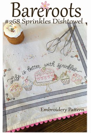 Hand embroidery pattern of cupcakes and a cake, all with sprinkles by Bareroots - embroider dishtowels, the back of a jacket, T-shirt and more!