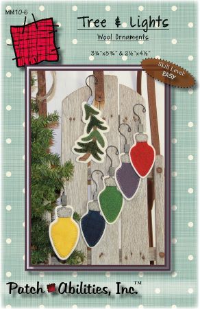 Wool appliqué project for nostaligic Christmas light bulbs and a curvy tree ornaments. 