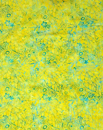 Batik fabric in yellow with a blue green flower and leaves design from Timeless Treasures.