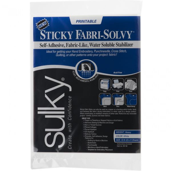 Sulky Sticky Fabri-Solvy package.  A self-adhesive, fabric like, water soluble stabilizer that can be put through the printer to copy your pattern.  No tracing!