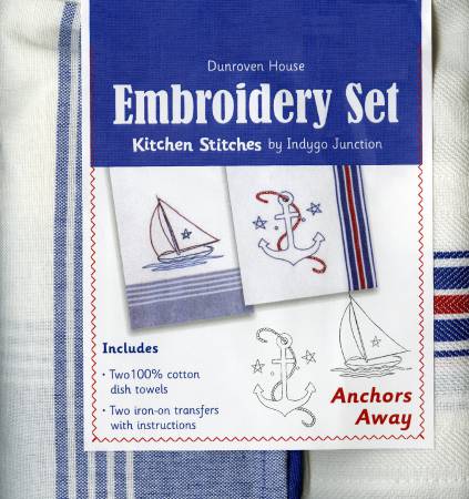 Anchors Away hand embroidery kit for for two kitchen dish towels.  Sailboat and an Anchor designs.