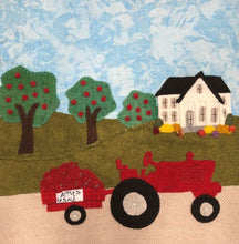 Load image into Gallery viewer, Wool on cotton applique block kit or pattern of a vintage tractor, farmhouse and apple orchard. Details added with embroidery stitches
