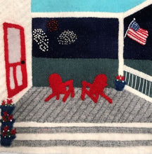Load image into Gallery viewer, Wooly Block Adventure 2022 Fireworks at the Shore is a view of  fireworks from the porch in wool applique.

