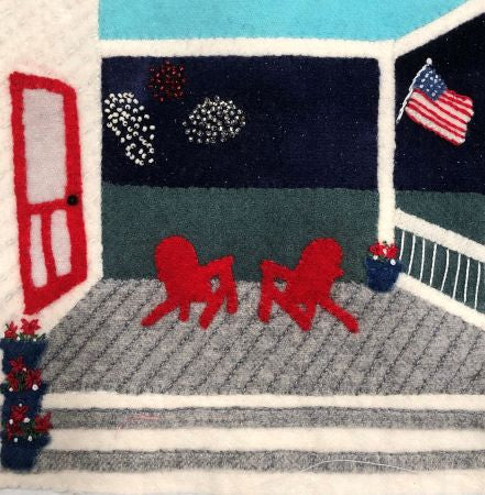 Wooly Block Adventure 2022 Fireworks at the Shore is a view of  fireworks from the porch in wool applique.