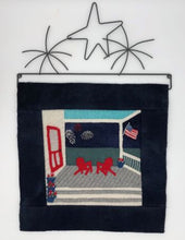 Load image into Gallery viewer, Star and fireworks metal hanger sets off the wool applique Fireworks At The Shore 12&quot; wall hanging perfectly!
