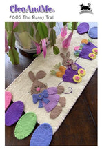 Load image into Gallery viewer, Wool Applique runner of a rabbit pulling her bunny and Easter Egg in a spring wagon
