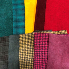 Load image into Gallery viewer, Two groups of 5 hand dyed wool bundles with two greens, one gold and two reds - top row is Brights and bottom row is Primitives.

