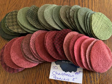 Load image into Gallery viewer, Fifty, die cut, red and green wool pennies in a traditional colorway.
