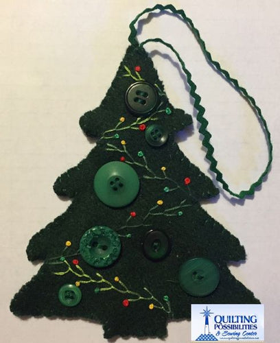 Button Christmas Tree Wool Ornament with green buttons, embroidery stitches and a ric rak hanger
