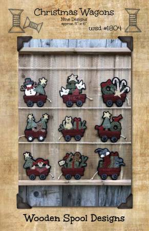 Nine different wool applique wagon ornaments each filled with a different Christmas theme - snowman, doves, candy cane, gingerbread men, trees, cats and more.