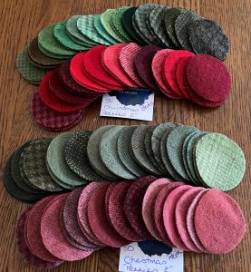 Red and green wool pennies in a traditional colorway and a bright colorway