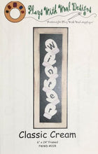 Load image into Gallery viewer, Wool applique, vertical wall hanging with 6 white mittens with black letters spell out Winter, on a black background
