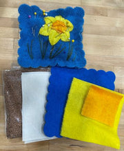 Load image into Gallery viewer, Die Cut from hand dyed wool daffodil pincushion kit for wool applique.

