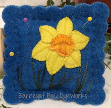 Load image into Gallery viewer, Die Cut from hand dyed wool daffodil pincushion kit for wool applique.
