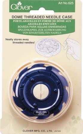 Round plastic needle case to keep 10 threaded needles secure and untangled.