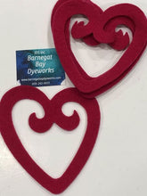Load image into Gallery viewer, Die cut, yarn dyed, filigree heart outlines that instead of just meeting in a middle point at top of the heart, continue past to form two swirls.
