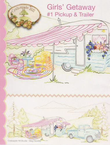 What could be more fun than a vintage aqua camp trailer with pink and white striped awnings? Add a vintage pickup, a flower filled window box, and some comfy chairs, and we're ready to snuggle in for a beautiful glamping weekend! Crabapple Hill Pattern
