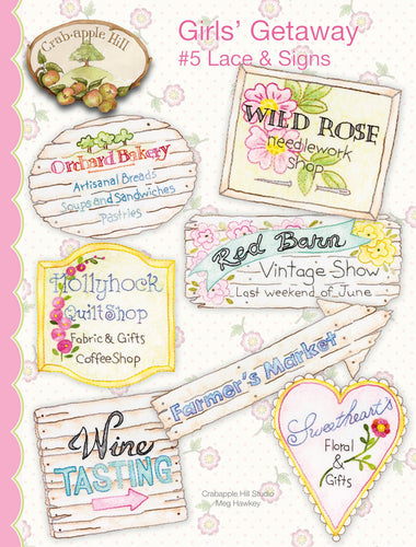 Small signs for a bakery, needlework shop, quilt shop, wine tasing, farmers market and flower shop to color and embrodier.