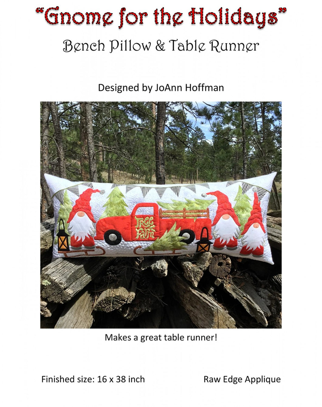 Pattern for three gnomes running a Christmas tree farm with trees for sale, a vintage red truck, lanterns and sleds to haul trees. Bright colors For The Bench Pillow or Table Runner Kit