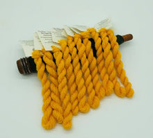 Load image into Gallery viewer, Hand dyed wool threads in two weights in a darker yellow. For wool applique, Sashiko, crewel work and any decorative hand stitching.
