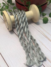 Load image into Gallery viewer, Four skeins of hand dyed Pearl Cotton threads in a slightly variegated medium to dark gray.

