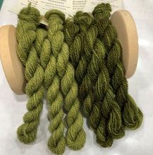 Load image into Gallery viewer, Olive green, hand dyed wool threads Medium and Dark Olives
