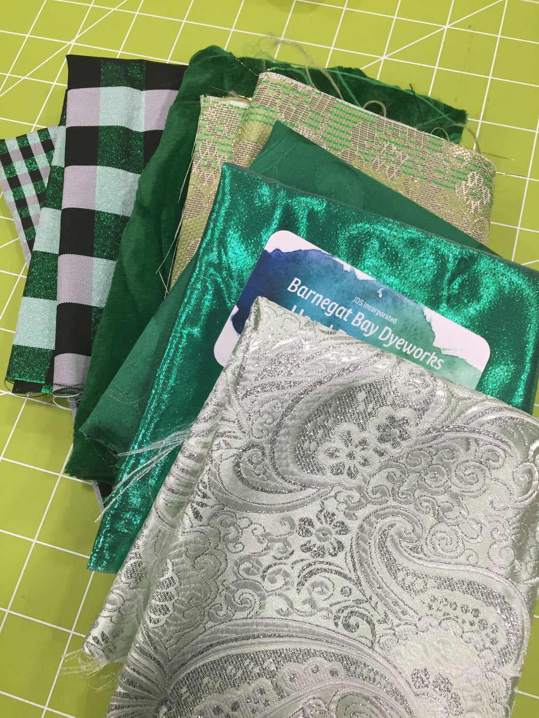 7 sparkly, shiny , green Crazy Quilt fabrics