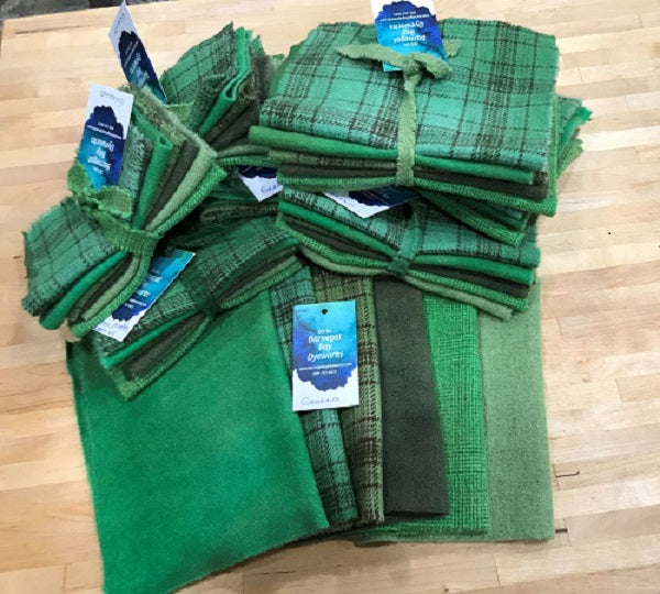 Six hand dyed greens from light to dark with a mix of solids and textures for wool applique 