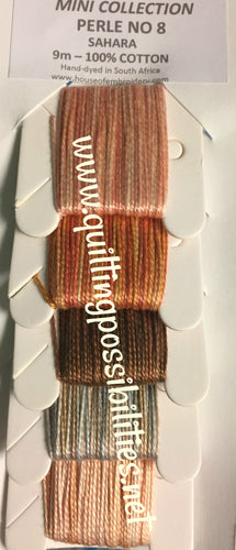 House of Embroidery hand dyed #8 pearl cotton in 5 variegated colors - pinky tans, light rusts, browns, bown/gray/tan, lt to medium tans.