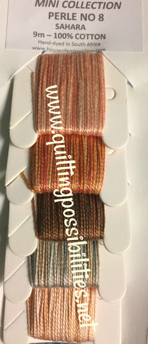 House of Embroidery hand dyed #8 pearl cotton in 5 variegated colors - pinky tans, light rusts, browns, bown/gray/tan, lt to medium tans.