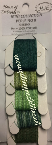 House Of Embroidery Hand Dyed Perle #8 Greens Collection with five shades from dark to light green
