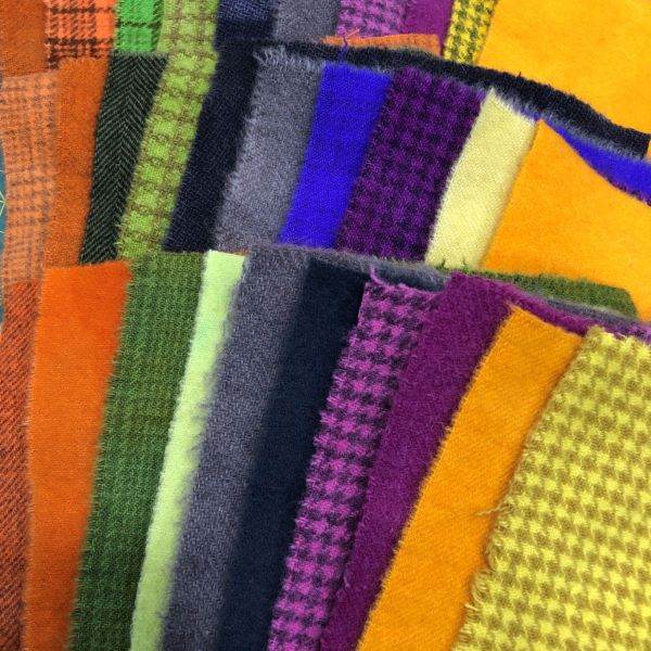 Five hand dyed wool in bright Halloween colors - orange, green, black/gray, purple and yellow for wool applique.