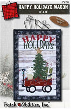 Load image into Gallery viewer, Pattern Cover for the Happy Holidays Wagon project - vintage red wagon with a Christmas tree, gifts and a pointsettia on a cotton wood grain background
