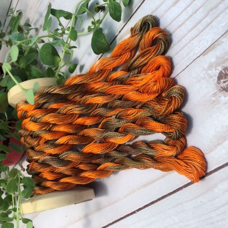 Hand dyed threads in Pearl Cotton #12 and #8 and Cotton Embroidery Floss in earthy colors of orange and brown for Fall 