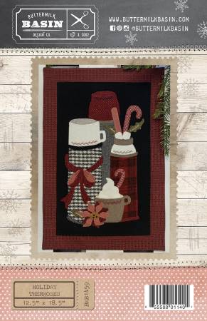 Wool applique pattern cover with three holiday thermos' with a bow, marshmallows and candy canes, a cup of cocoa with whipped cream and a candy cane and a poinsettia flower on a black background.
