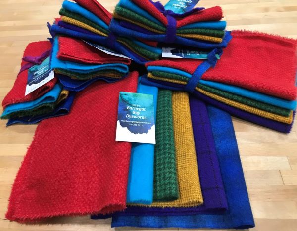 Six hand dyed pieces of wool in a deep red, a blue turquoise, green, gold, navy and saphire for wool applique
