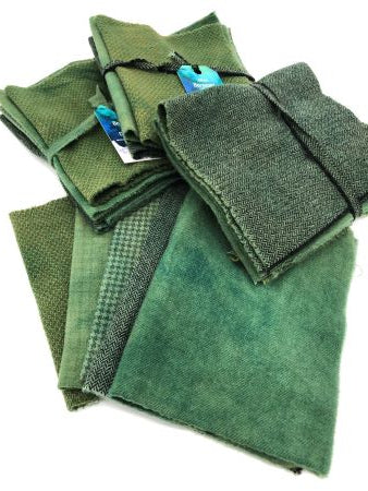 Hand Dyed wool bundle of five shades of a blueish green in four textures and a solid.  Great for wool applique!
