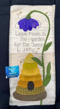 Load image into Gallery viewer, Wool applique bee skep with a purple flower and bees on a tan background with &quot;Leave room in the garden for the bees to dance&quot;
