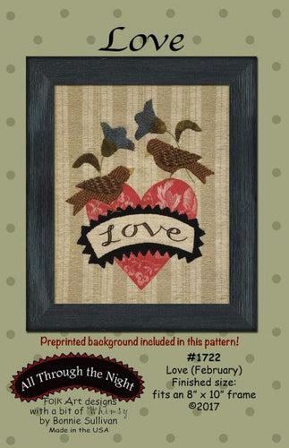 Wool Applique with pre printed, striped background of a heart with birds and flowers and a 